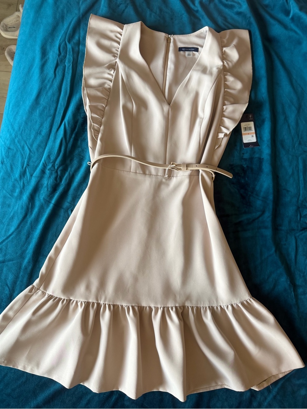 Tommy Hilfiger Soft Cream Ruffle-Sleeve Midi Dress with Belt